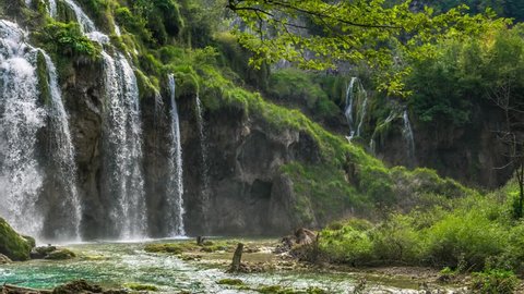 Waterfall and Lake in Plitvice National Park beautiful place in Croatia. 4k
