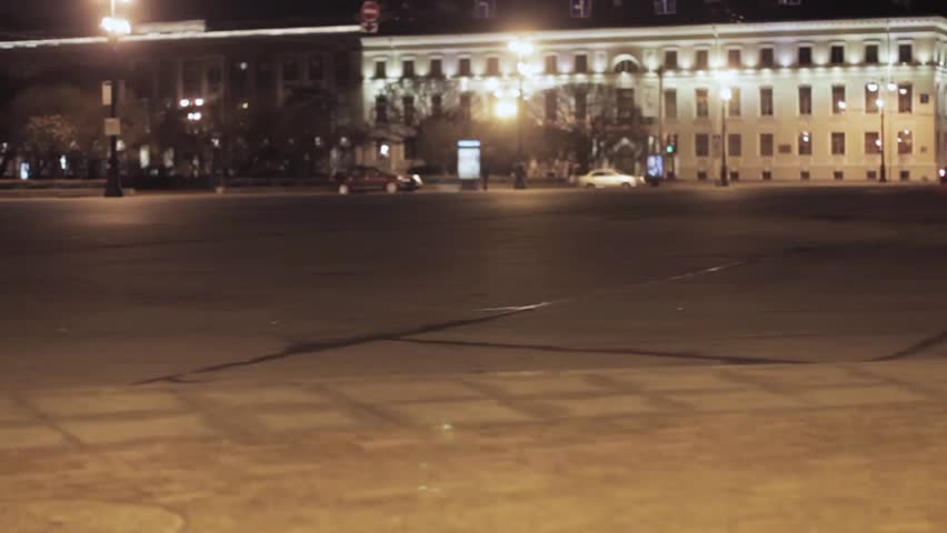 View of night city street. Woman walk with two horses.