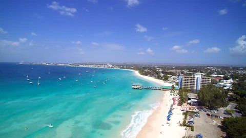 Aerial Island sky view of tropical Beach coastline of Barbados in the Caribbean 