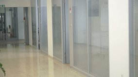 In this video, we can see three employees passing each other in the hallway of a company. Close-up shot.