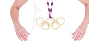 Portrait of happy Caucasian female athlete holding medal on white screen - Powered by Shutterstock - Get 15% off with code: PIKWIZARD15