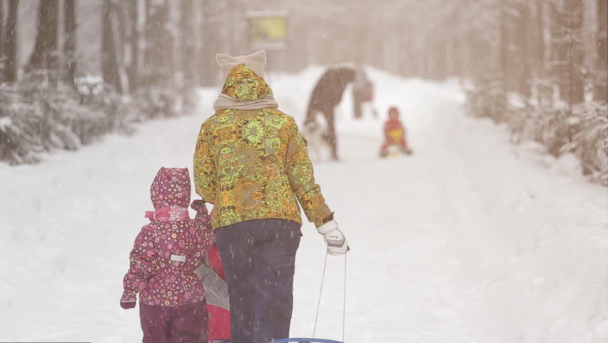 Family walks in the winter garden, snow day