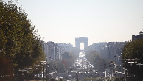 traffic near Arc de Triumph seen from La Defense, Paris, France 