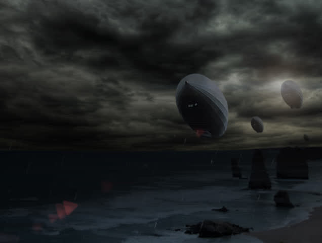 scifi zeppelin is flying upon the shoreline