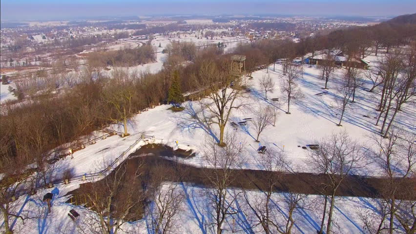 Winter Aerial view of Highcliff Park and Sherwood Wisconsin, with observation tower.

