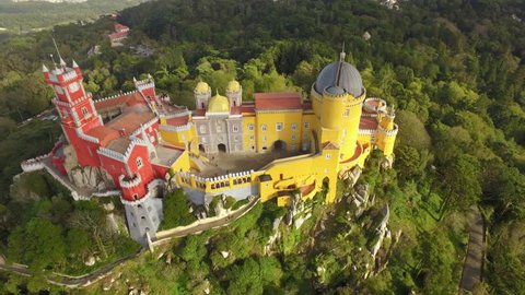 Aerial Pena National Palace Romanticist Sintra Famous Travel Dome Footage Drone Portugal Historic Lisbon Architecture Europe Gothic 4K Trees Time-Lapse