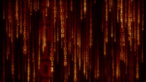 cyberspace with red - orange digital falling lines, binary chain, abstract animated background - seamless loop