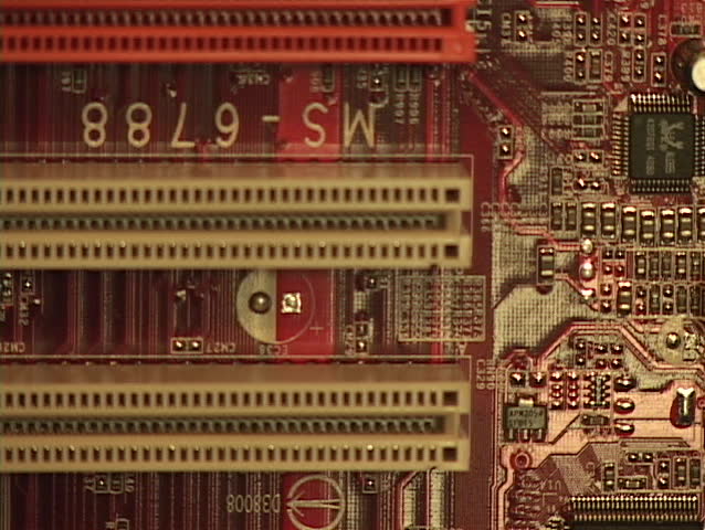 Chips and components lay in a motherboard.