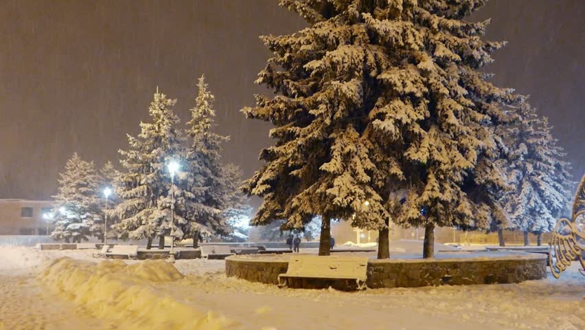 Urban peole, female woman in the night snowfall, blizzard, ice storm, non-flying weather, wet snow . Bad poor low visibility. Winter Holiday
