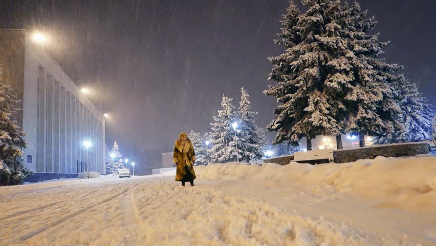 Urban peole, female woman in the night snowfall, blizzard, ice storm, non-flying weather, wet snow . Bad poor low visibility. 