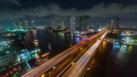 bangkok cityscape night chao phraya traffic river bridge roof panorama 4k time lapse thailand