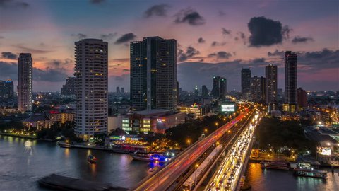 sunset bangkok city traffic street river roof top panorama 4k time lapse thailand