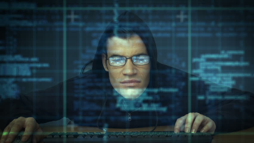 Burglar hacking into computer with matrix Royalty-Free Stock Footage #14350564