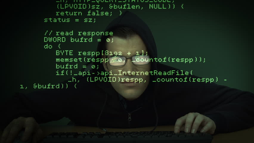 Burglar hacking into computer with matrix Royalty-Free Stock Footage #14350570