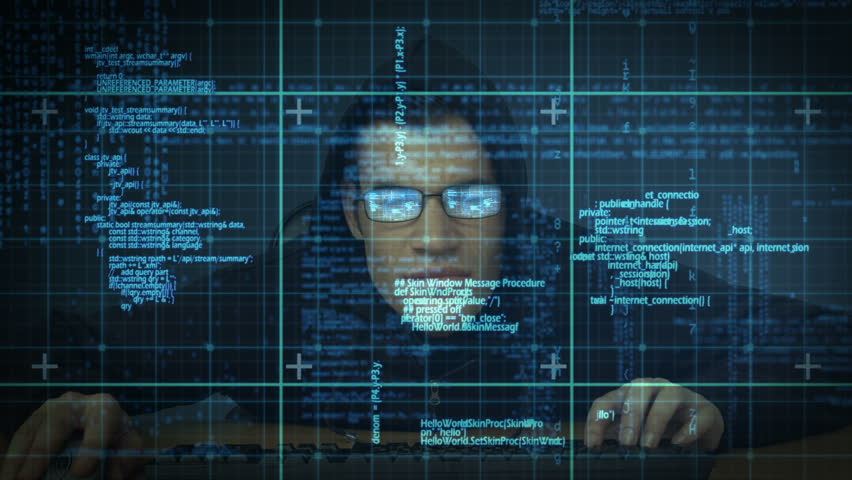 Burglar hacking into computer with matrix Royalty-Free Stock Footage #14350573