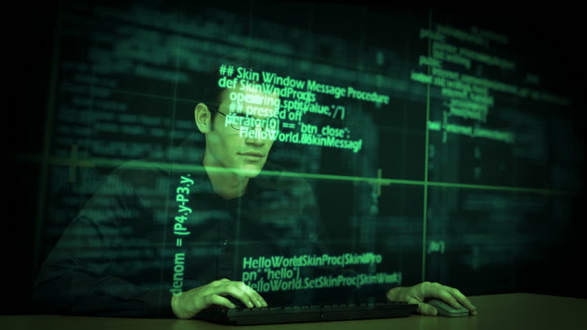 Hacker download data on computer with matrix Royalty-Free Stock Footage #14350582