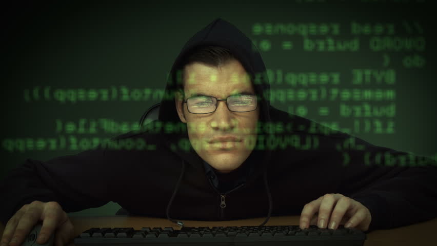 Burglar hacking into computer with matrix Royalty-Free Stock Footage #14350585
