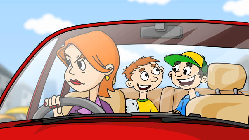 Angry stressed woman driving the car, naughty boys sitting and playing on the backseat. Cartoon animation.