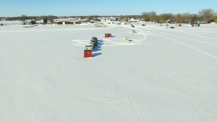 Wisconsin ice fishing shanty village on Lake Winnebago for sturgeon fishing season. 

