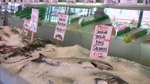 Fresh seafood for sale at Pike Place Market in Seattle, Washington.