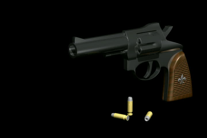 The smoking gun.  Gun firing.  3D Render.  NTSC interlaced.