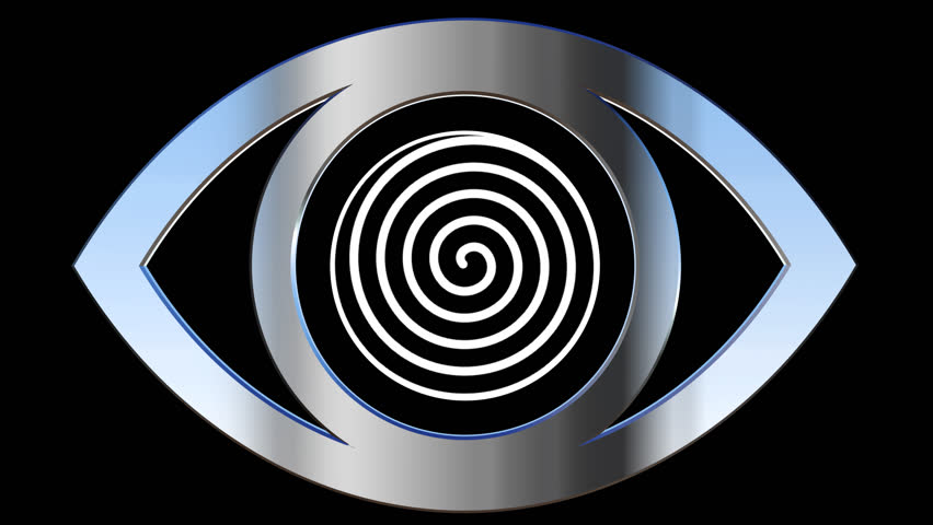 Eye icon animation in metallic silver with spiral effect isolated on a black background