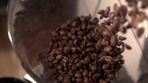 Coffee beans are being filled in coffee grinder in slow motion