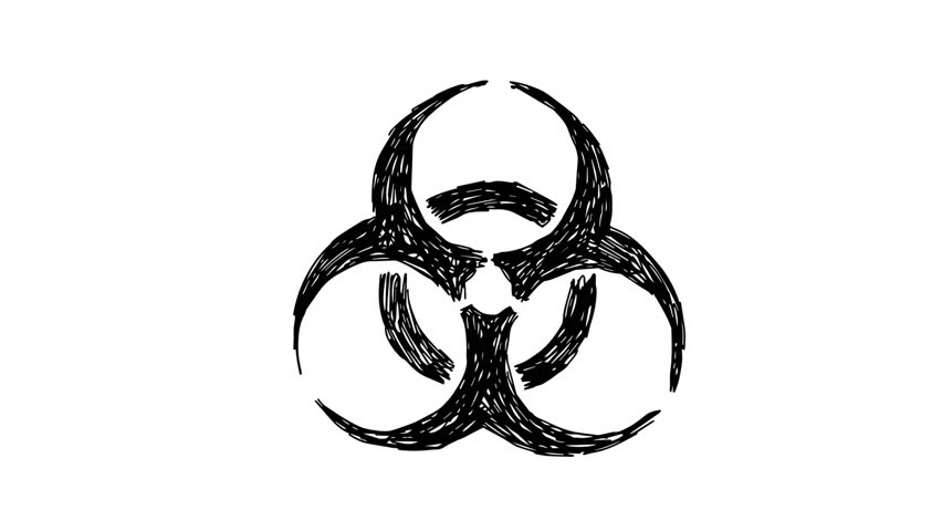 black biohazard grungy rubber stamp symbol spinning motion background seamless loop on white background, NTSC 29.97 fps, 12 seconds