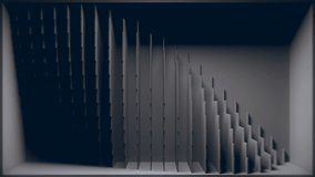 3D room where back wall is penetrated with animated vertical flatten cube shapes. Looping animation.