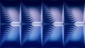 3d wall structure where back wall is penetrated with animated bevelled box shapes. Looping animation in 4k resolution. Blue violet look. Arrangement 2