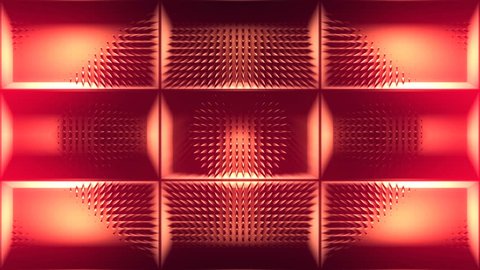 3d wall structure where back wall is penetrated with animated sharp pyramid shapes. Looping animation in 4k resolution. Red glow flare look.