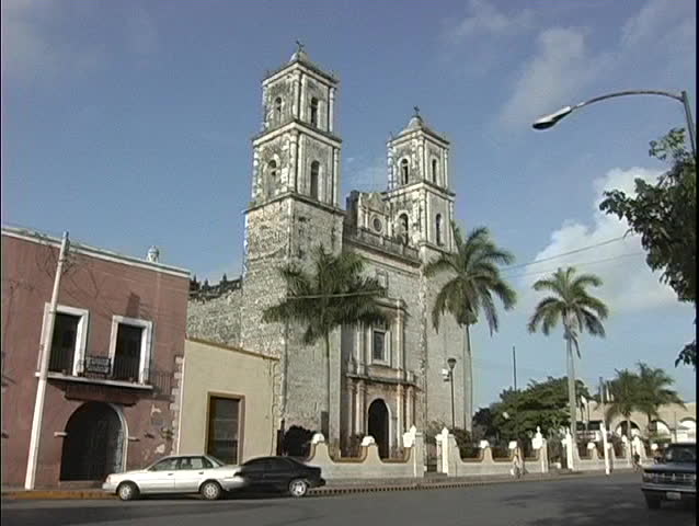A mission-style Catholic church is featured in this clip of Yalladolid, Mexico.