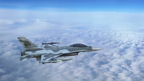 Fighter jet flying above clouds, military airplane in flight