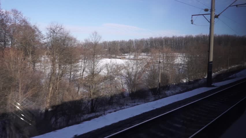 the movement of the train, view from the passenger car of the forest in winter time
