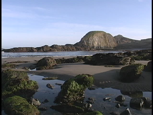 The ocean lapping the beach at low tide along a rocky shore of the Oregon Coast.