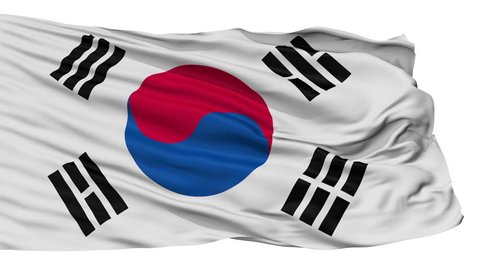 South Korea Flag Realistic Animation Isolated on White Seamless Loop - 10 Seconds Long (Alpha Channel is Included)