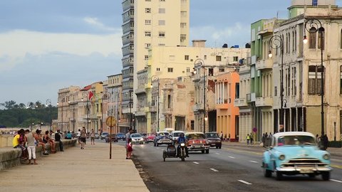 Cuba, Havana, Centro Habana, the Malecon, classic 1950's American cars