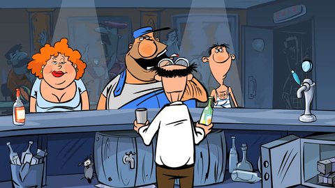 Bartender pours alcoholic beverages drunk visitors. Animated cartoon.