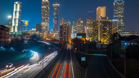 Atlanta City Skyline Time Lapse at Night 4k 1080p Logos Removed Shot from Jackson St Bridge Wide Angle