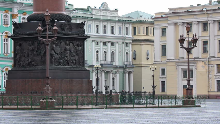 The pedestal of the Alexander Column is decorated with symbols of military glory, sculpted by Giovanni Battista Scotti. St. Petersburg, Russia