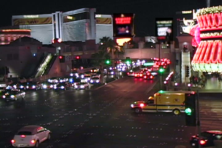 Two ambulances respond to an emergency on the Las Vegas strip.