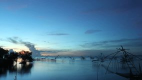 Morning Cloud Drift Traditional Fishing Equipment Boats Lake Time-lapse Video
