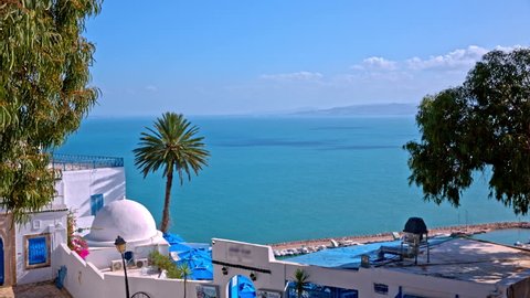 Sidi Bou Said buildings and sea panorama view. Shot of blue sea and sky from above Sidi Bou Said village with two trees at sides. Traditional blue and white village in Tunisia.