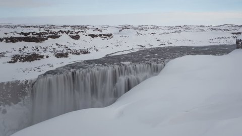 Time lapse close up of Dettifoss waterfall in Iceland in wintertime
