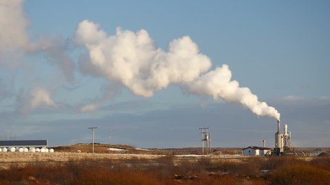 Slowmotion geothermal power station in Iceland on a sunny winter day