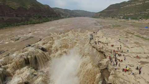 Aerial of hukou waterfall of yellow river