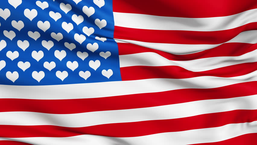 Realistic 3d seamless looping United States Love flag waving in the wind.