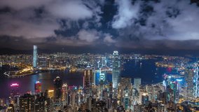 Hong Kong night city skyline timelapse video. Beautiful 4K panorama background