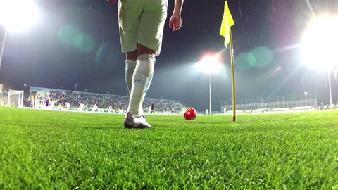 RIJEKA, CROATIA - February 12, 2016: Soccer player takes a corner kick during the CROATIAN FOOTBALL LEAGUE match between Rijeka and Lokomotiva at HNK Rijeka Stadium