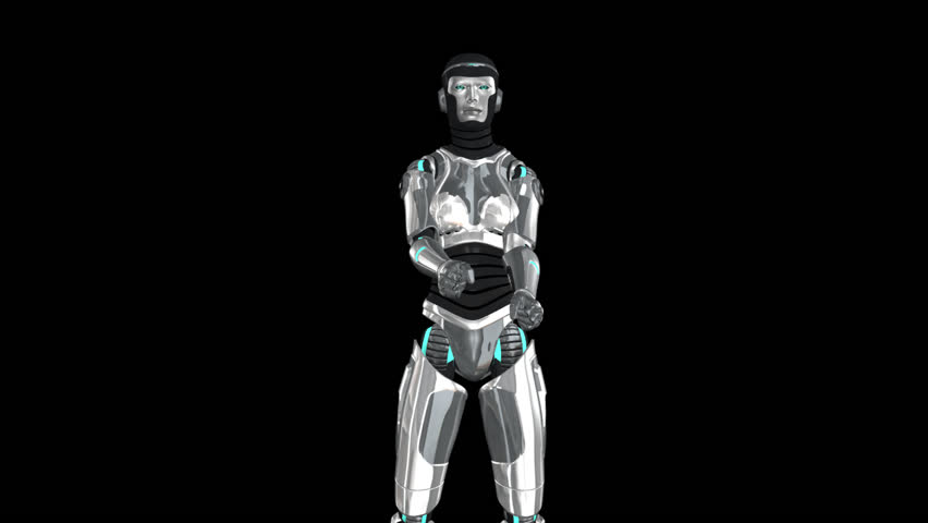 Techno Fighter - III W - MS - Full HD - Alpha - Metallic cyborg female character at kungfu fight or techno dance for sci-fi, sport, technology, music projects. Realistic isolated 3D model animation.